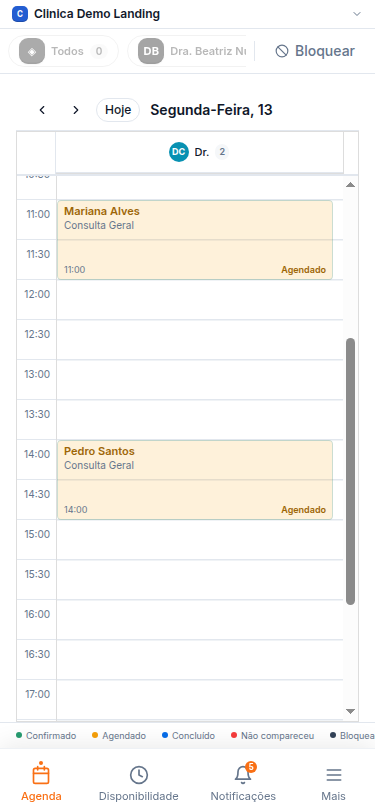 Agenda do profissional no webapp mobile do Smart Agenda
